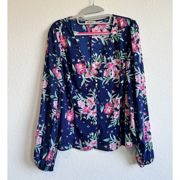 Prospect Women's Blue Pink Floral Blouse Henley V Neck Balloon Sleeve Sheer L - Picture 1 of 11